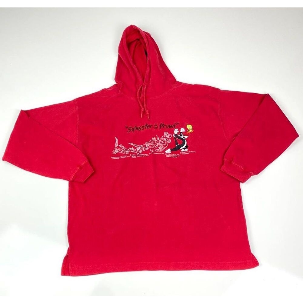 Vintage 1995 Looney Tunes Classic Long Sleeve Hoodie Sylvester Tweety Large Red